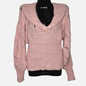 Arden B Sweater Women M Pink Chunky Alpaca Wool Blend Pointelle Shawl Collar Y2K